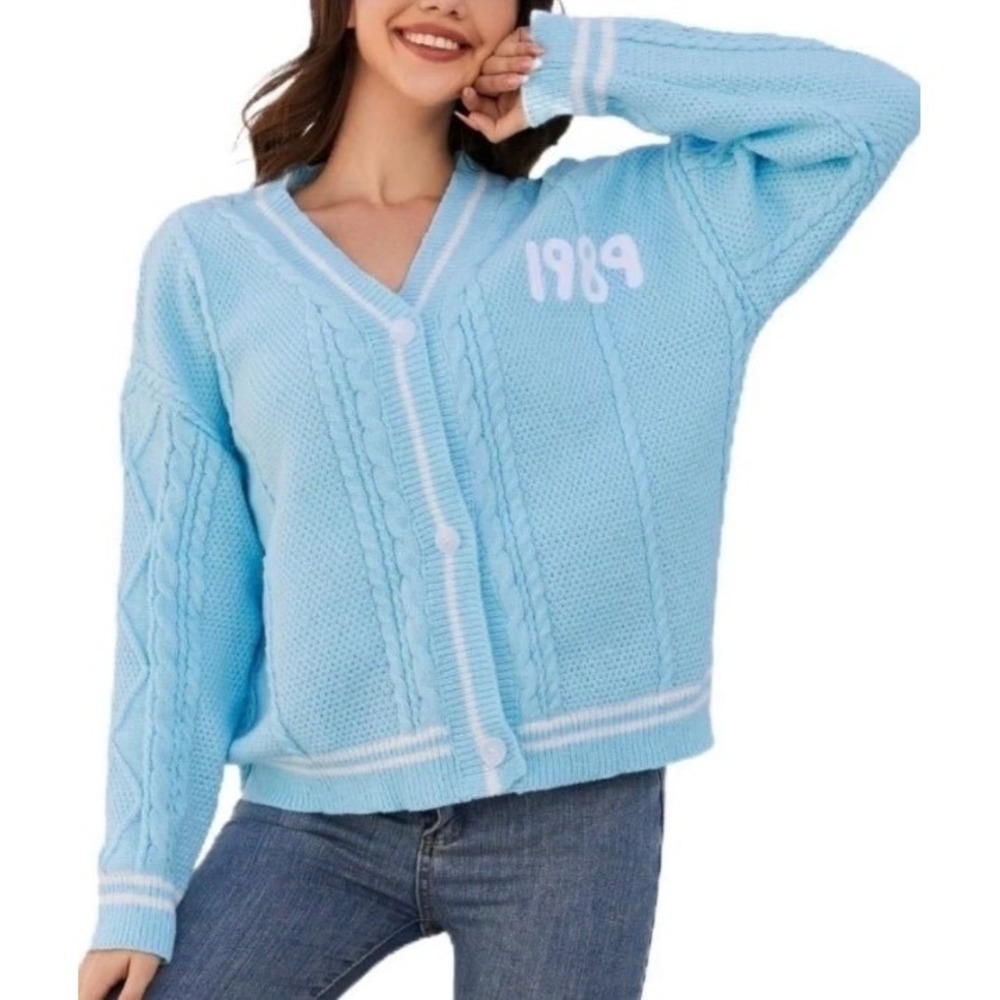 Rixiland 1989 Cardigan Sweater Blue Knit Sz XL Cable Knit Button Front V-Neck